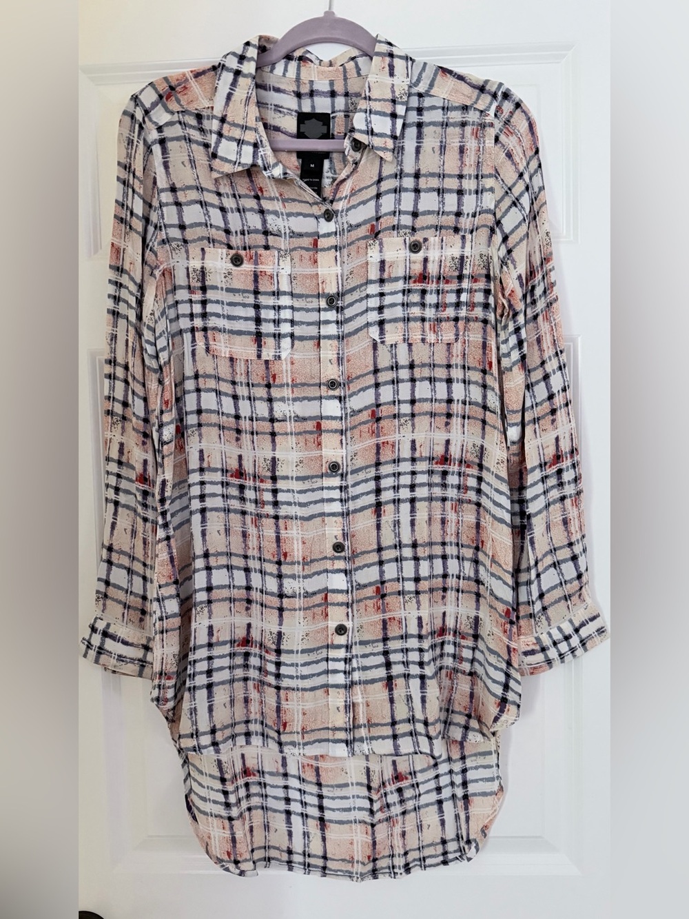 Harley-Davidson Cream Plaid Button-Down Shirt with Black & Blush Accents Size M